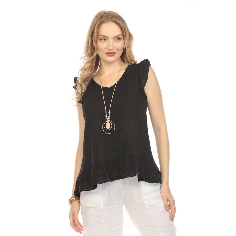 Black High-Low Cap Sleeves Top with Bottom Ruffles